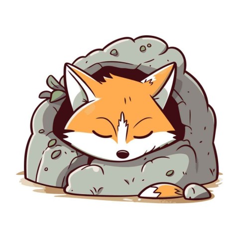 Sleeping fox in cave. Cute cartoon animal. Vector illustration.