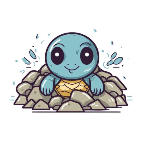 Cute turtle on a stone. Vector illustration in cartoon style.