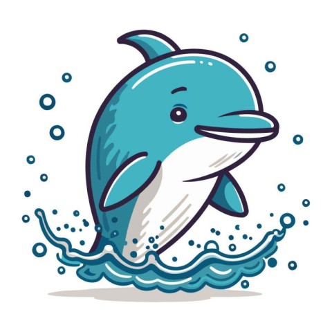 Cute cartoon dolphin swimming in the sea. Vector illustration on