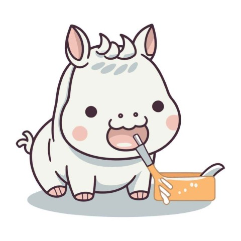 Cute cartoon white horse eating food from a bowl. Vector illustr