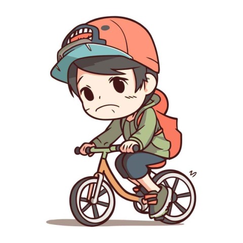 Boy riding a bike with sad expression. Vector illustration in ca