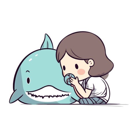 Cute little boy feeding a big whale. Vector illustration in cart