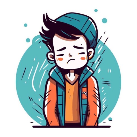 Sad boy in cap and jacket. Vector illustration in cartoon style.