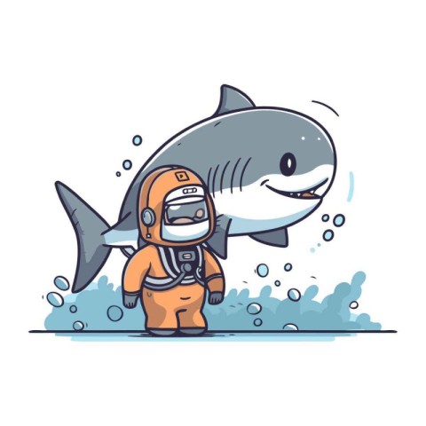 Cute cartoon shark in spacesuit and helmet. vector illustration.