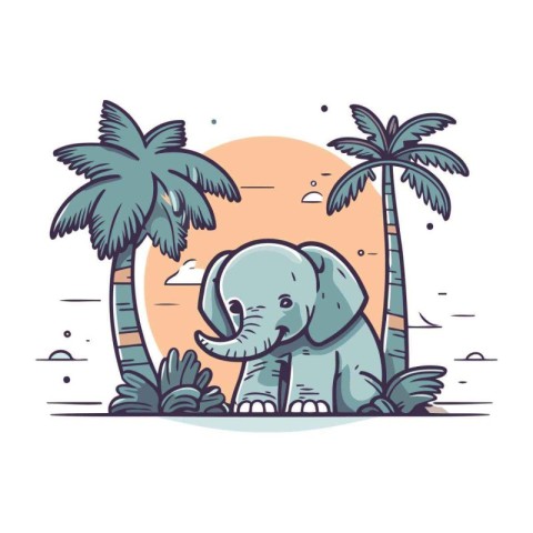 Cute elephant on the background of palm trees. Vector illustrati