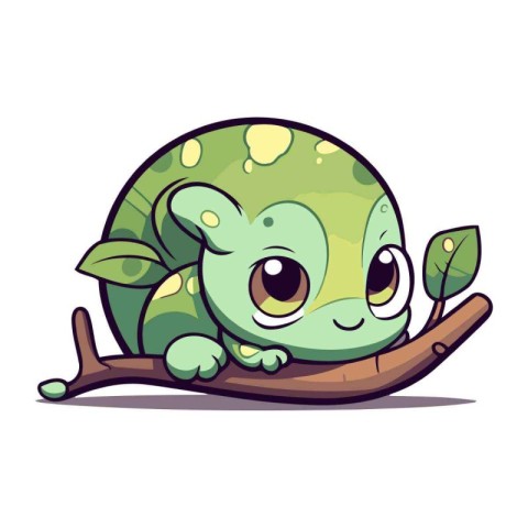 Cute cartoon chameleon on a branch. Vector illustration.