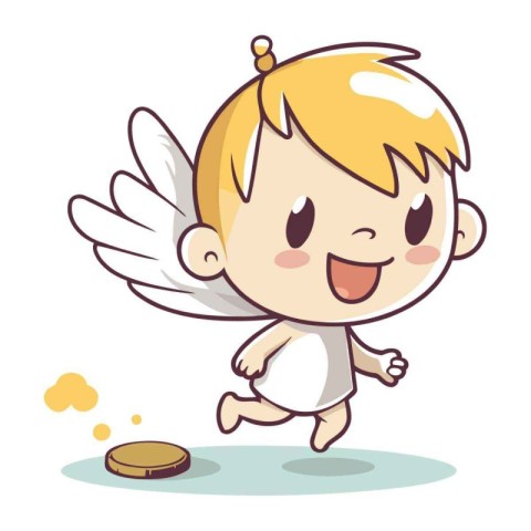 Cute little angel running with coin. Vector cartoon character il