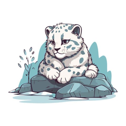 Cute cartoon snow leopard sitting on rock. Vector illustration.