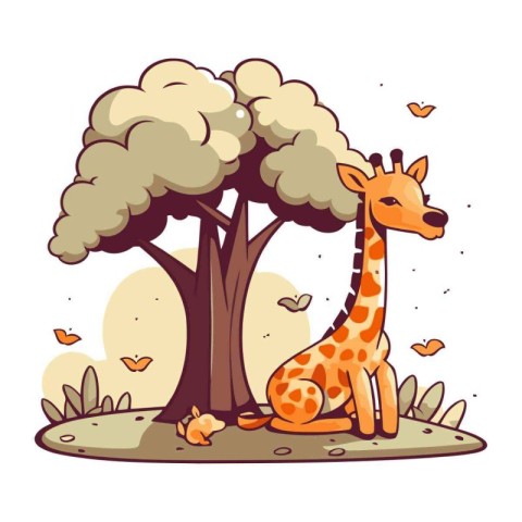 Cartoon vector illustration of a cute giraffe sitting under a tr