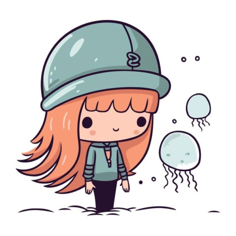 Illustration of a Girl Wearing a Cap and Sweeping Jellyfish