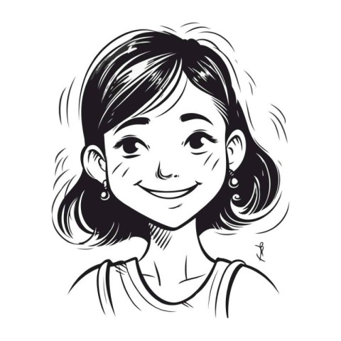 Portrait of a smiling girl. Vector illustration in black and whi