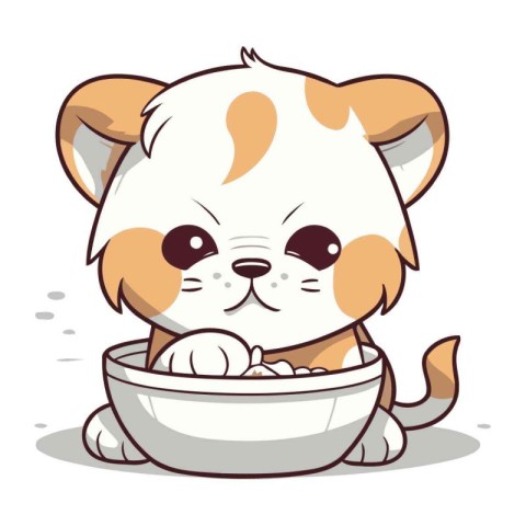 Cute dog with bowl full of food cartoon vector illustration grap