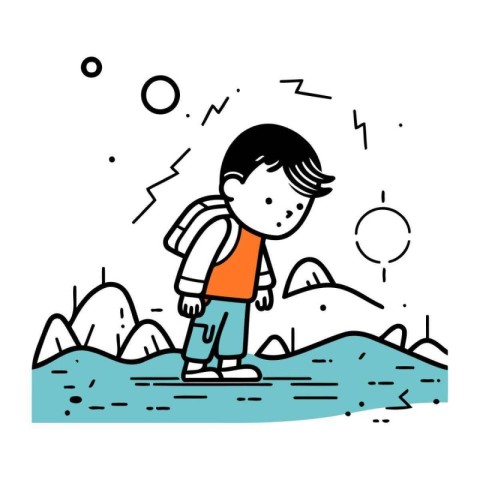 Boy walking on the beach. Vector illustration in doodle style