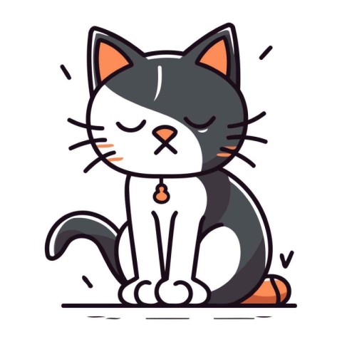 Cute cartoon cat with sad eyes. Vector illustration in line art