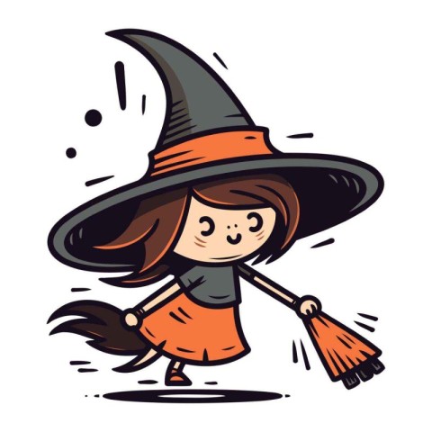 Cute little girl in witch costume with broom. Vector illustratio