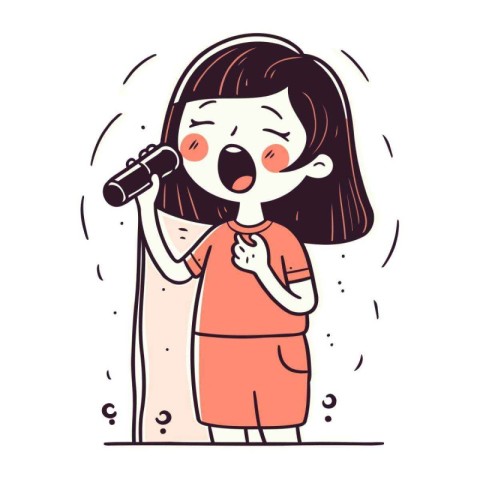 Cute little girl singing karaoke with microphone. Vector illustr