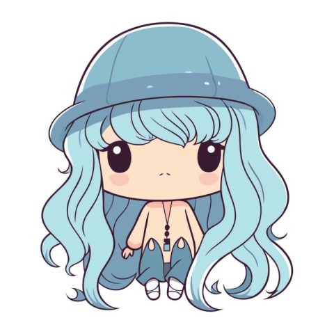 Cute cartoon girl with long hair and hat. Vector illustration.