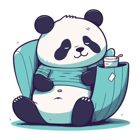 Cute panda with a cup of tea. Vector illustration.