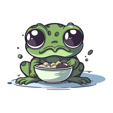 Frog with bowl of food. Cute cartoon vector illustration.