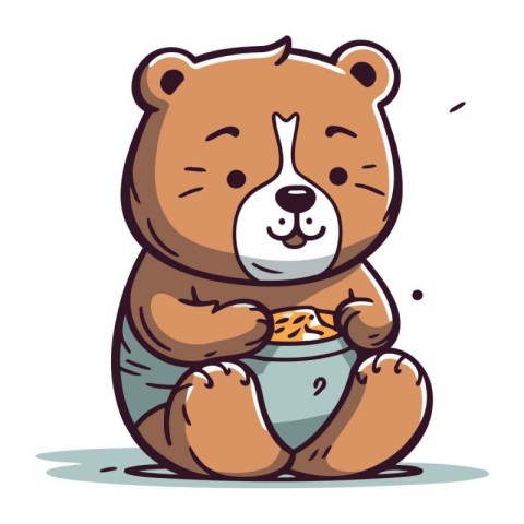 Cute cartoon bear sitting with a bowl of cereals. Vector illustr