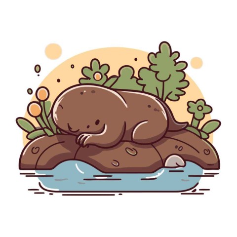 Cute cartoon mole on a rock in the river. Vector illustration.