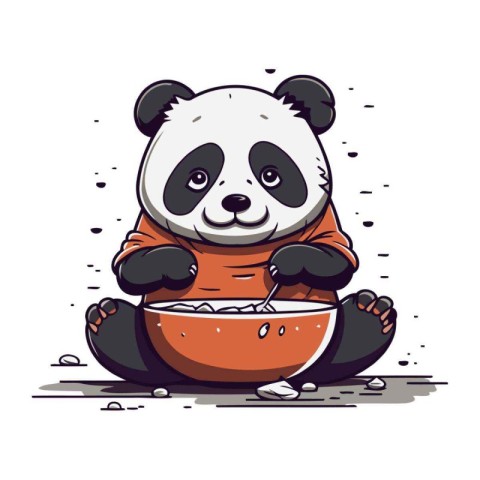 Panda in orange clothes eating a bowl of porridge. Vector illust