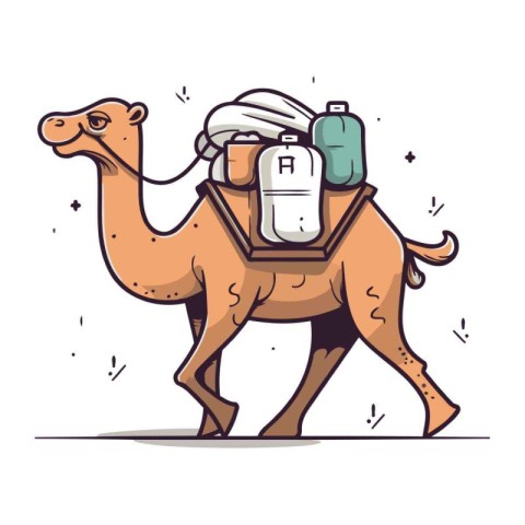 Camel with a bag on his back. Vector illustration. Cartoon style