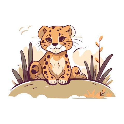 Cheetah sitting on grass. Vector illustration in cartoon style.