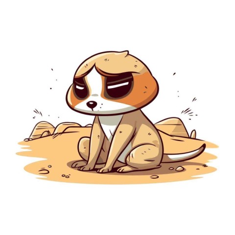 Cute cartoon dog sitting on sand. Vector illustration isolated o