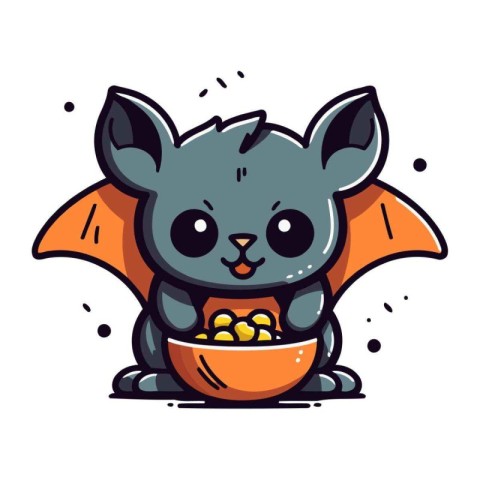 Cute little bat holding a bowl of popcorn. Vector illustration.