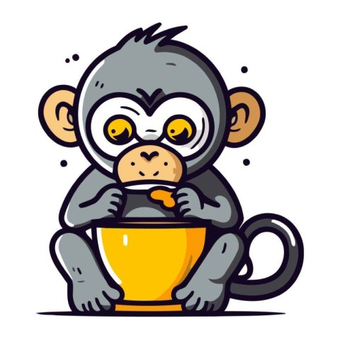 Monkey sitting in a yellow cup of coffee. Vector illustration.