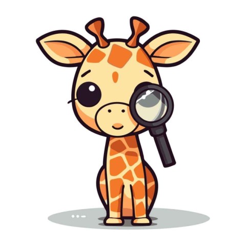 Cute Giraffe detective with magnifying glass. Vector illustratio