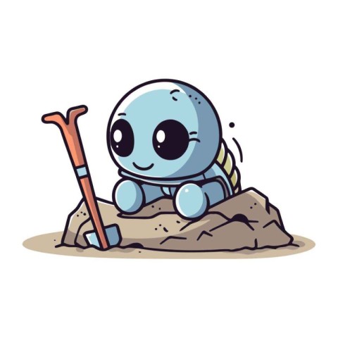 Cute little alien sitting on the stone. Vector cartoon illustrat