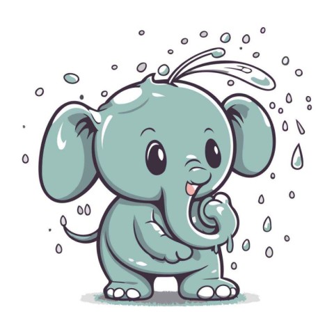 Cute cartoon elephant with rain drops. Vector illustration isola