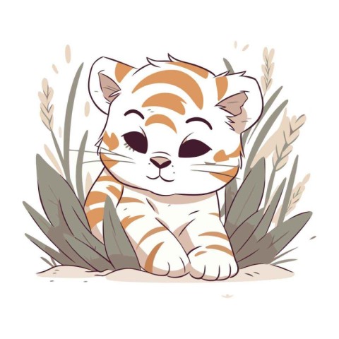 Cute cartoon tiger sitting in the grass. Hand drawn vector illus