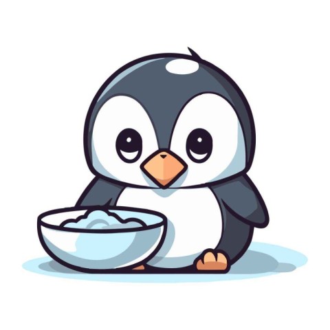 Cute penguin with a bowl of milk. Vector illustration.