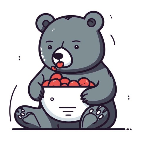 Cute bear with bowl of cherries. Vector illustration in cartoon