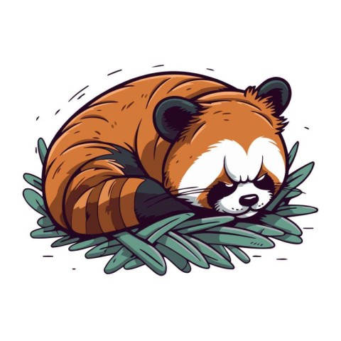 Cute red panda sleeping on green leaves. Vector illustration.