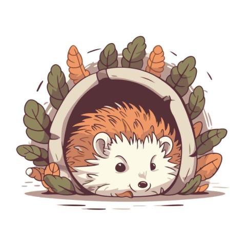 Cute hedgehog in the hollow with leaves. Vector illustration.