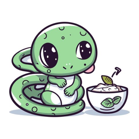 Cute cartoon snake with a bowl of yogurt. Vector illustration.