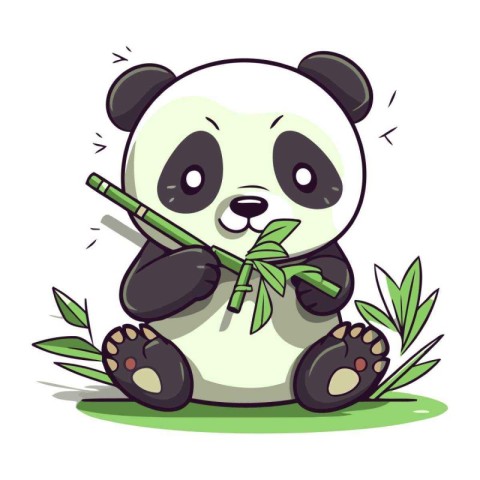 Panda bear with bamboo sticks. Cute cartoon vector illustration.