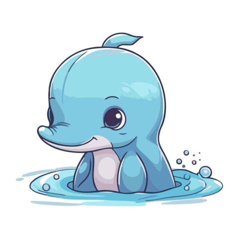 Cute cartoon dolphin in water. Vector illustration isolated on w