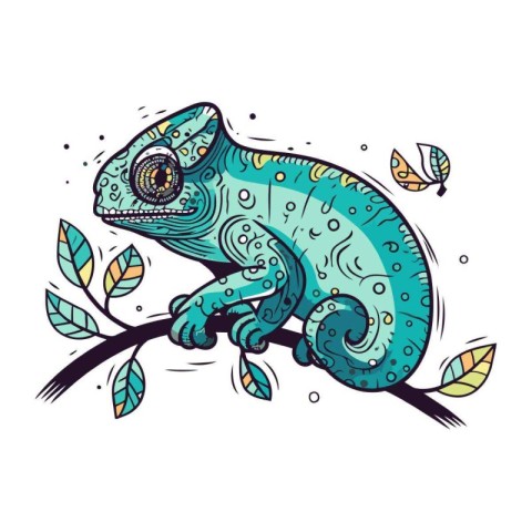 Chameleon on a branch with leaves. Colored vector illustration i