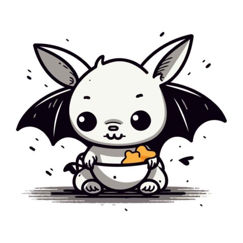 Cute cartoon bat with a bowl of food. Vector illustration.