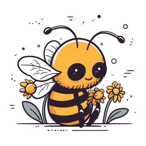 Cute cartoon bee with flowers. Vector illustration isolated on w