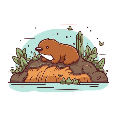 Cute cartoon bear on the rock. Vector illustration in a flat sty