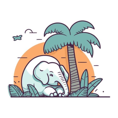 Cute elephant in the jungle with palm trees. Vector illustration