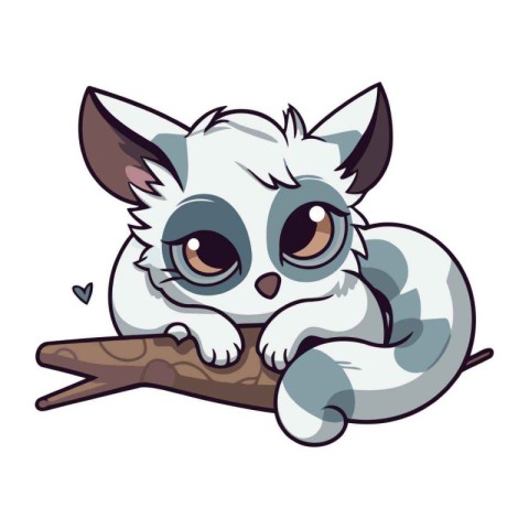 Cute cartoon cat sitting on a tree branch. Vector illustration.