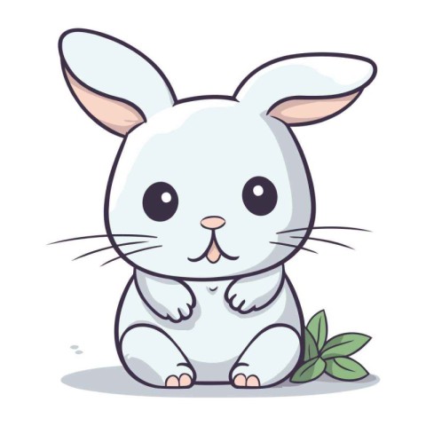 Cute white rabbit with green leafs character cartoon vector illu