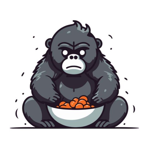 Gorilla with bowl full of berries. Vector illustration in cartoo